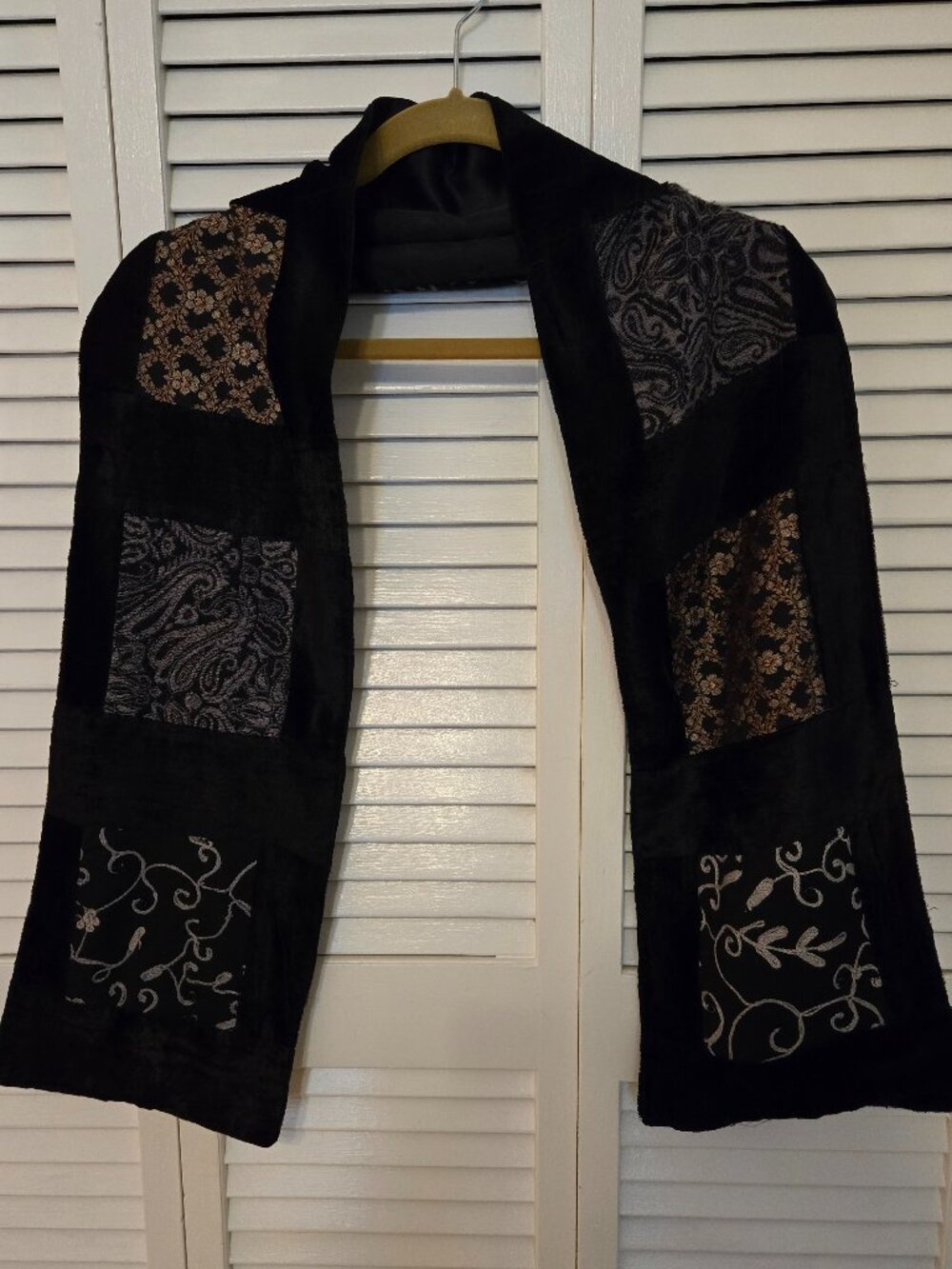 Black Velvet and Satin Scarf/Wrap with Brocade Insets
